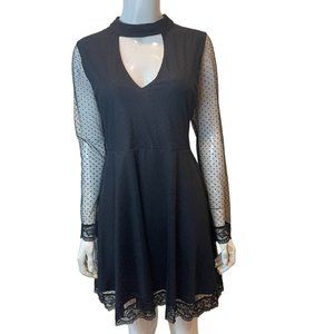 Vintage Womens Fiat & Flare Dress Lace Mesh Sleeve Front Keyhole Black SZ Medium